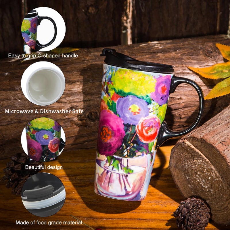 Topadorn Ceramic Travel Mug Large Coffee Mug with Lid & Handle, Ceramic Latte Mug with Matching Box, Flower - Image 2